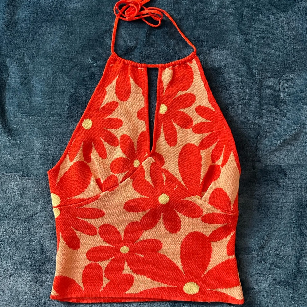 Orange Halter Tank Top with Cut Out Design